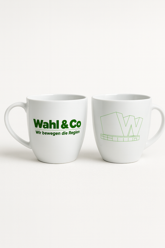 Wahl & Co Kaffeetasse in Weiß mit Logo